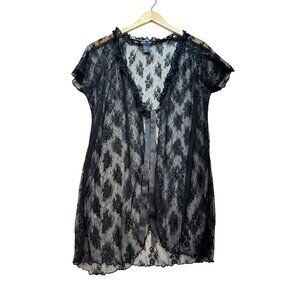 Smart & Sexy Sheer Robe Lingerie Womens L Black Floral Lace Sleepwear Tie Front